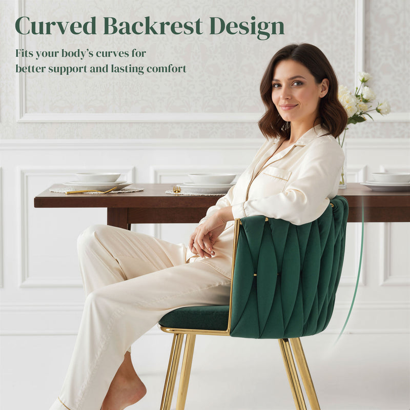 Set of 2 Velvet Dining Chairs with Armrests and Woven Backrest for Home Comfort Dark Green Homcom