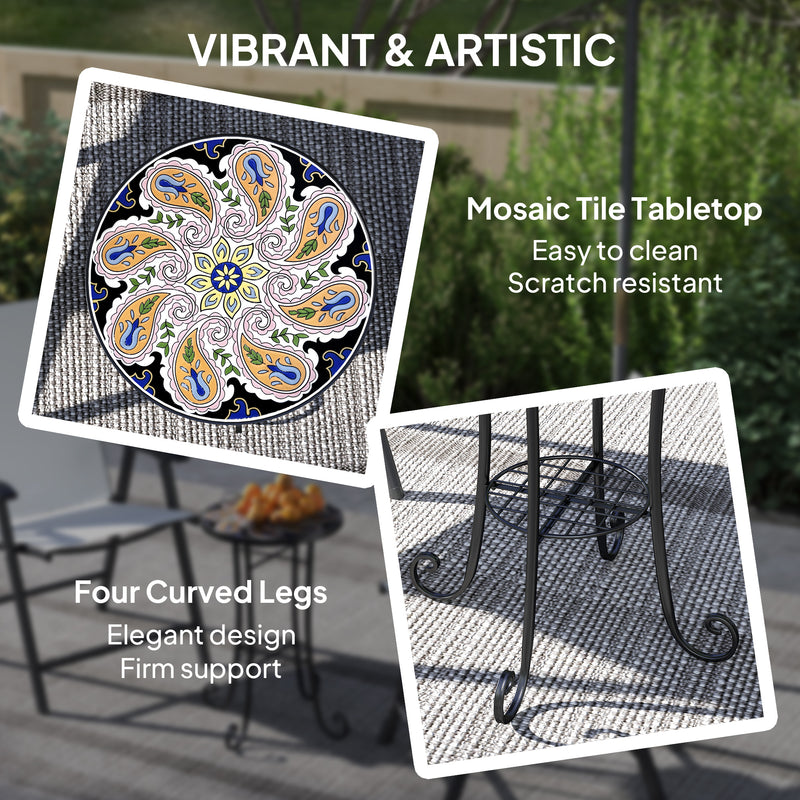 Small Round Mosaic Garden Table with Shelf Ceramic Tile Top for Outdoor and Indoor Use by Outsunny
