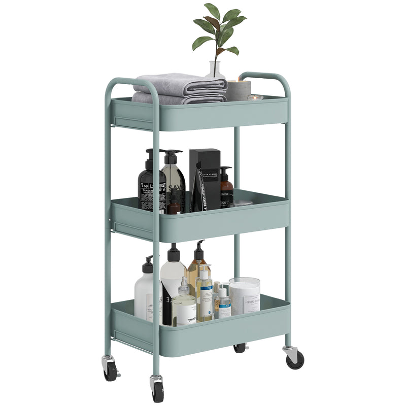 Three Tier Steel Storage Trolley with Wheels in Light Blue for Home and Office by HOMCOM