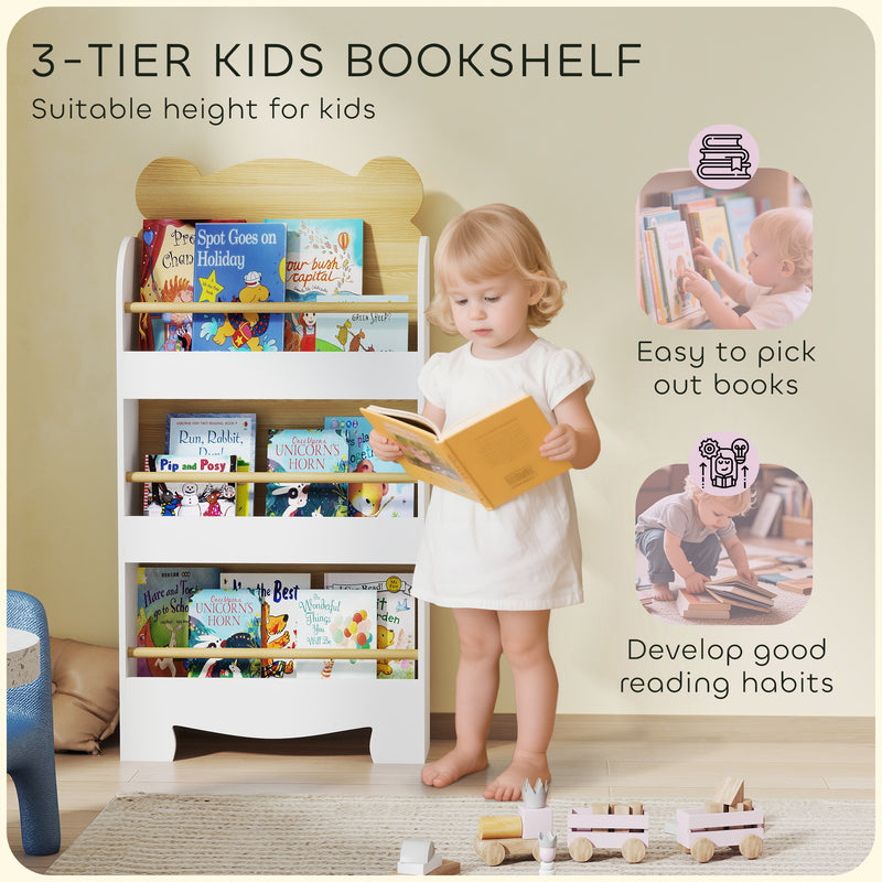 3 Tier Kids Bookshelf With Bear Design Space Saving Bookcase For Bedroom Or Playroom White AOSOM