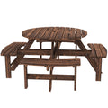 Wooden Garden Dining Set for 8 with Round Table and Benches Parasol Hole, Carbonised Wood Outsunny