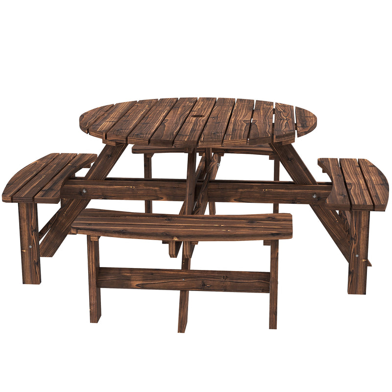 Wooden Garden Dining Set for 8 with Round Table and Benches Parasol Hole, Carbonised Wood Outsunny