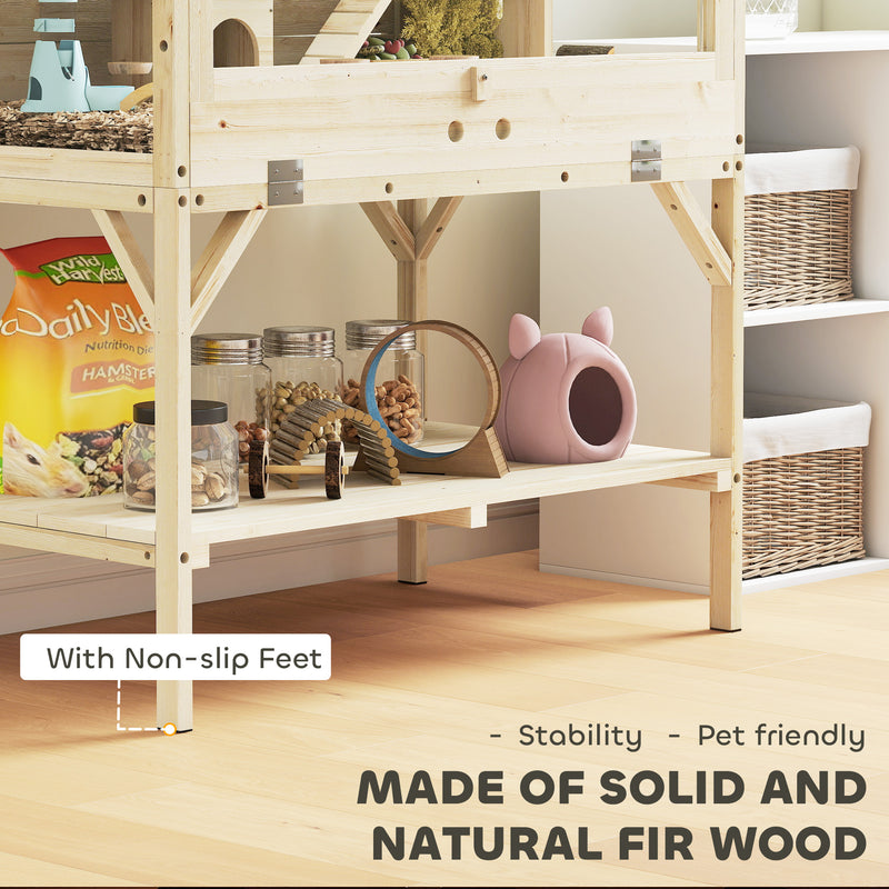 2 Tier Wooden Hamster Cage With Shelves and Easy Access Top for Small Pets Natural AOSOM