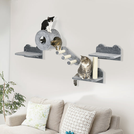 Wall Mounted Cat Tree Set with Steps Perch and House Ideal for Climbing and Play Grey