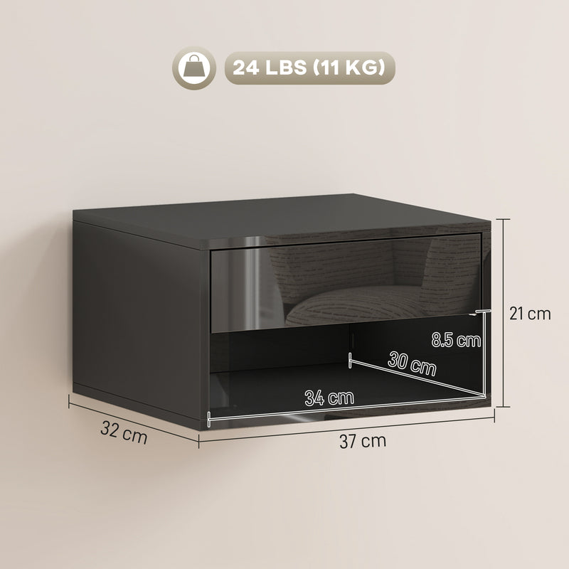 Floating Bedside Tables Set of 2 with Drawer and Shelf Space Saving High Gloss Black AOSOM