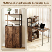 Bookcase With Fold Out Desk For Small Spaces, Hidden Storage, 105W x 60D x 127H cm