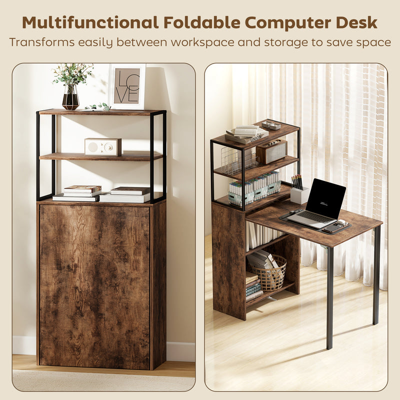 Bookcase With Fold Out Desk For Small Spaces, Hidden Storage, 105W x 60D x 127H cm