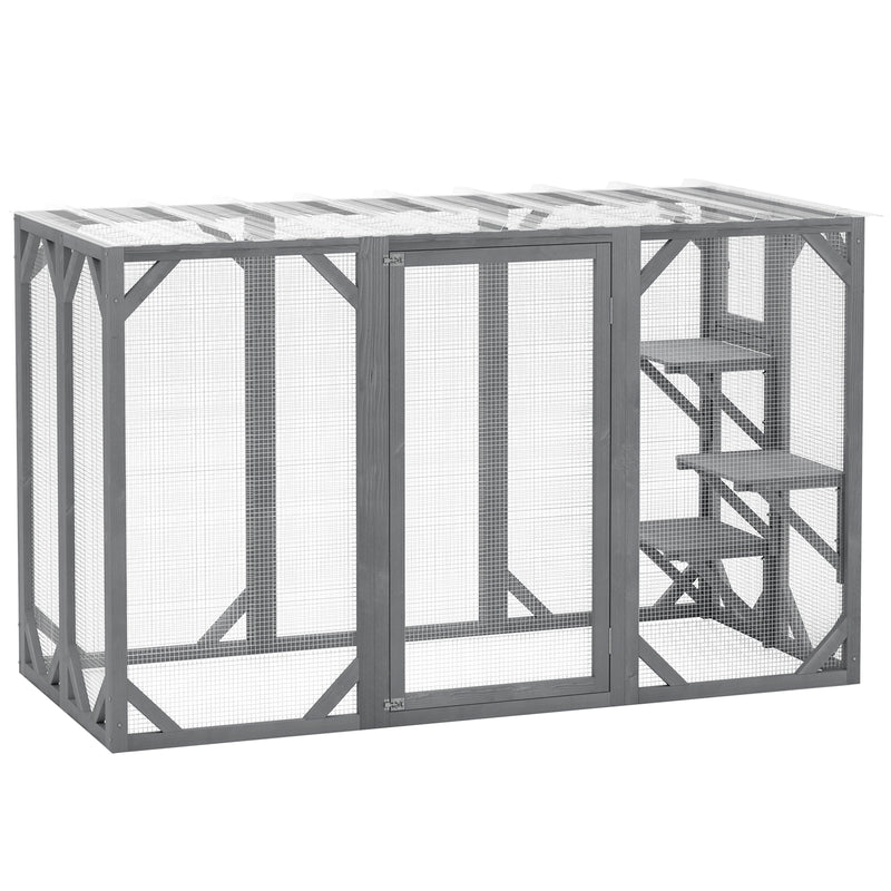 Grey Wooden Outdoor Cat House With Large Door, Platforms and Weatherproof Roof by PawHut