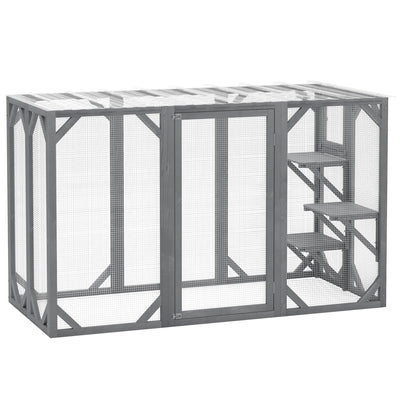 Grey Wooden Outdoor Cat House With Large Door, Platforms and Weatherproof Roof by PawHut