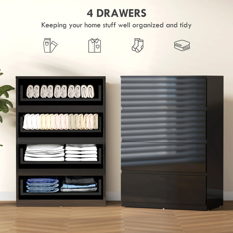 Chest of Drawers with 4 Spacious Handleless Storage Drawers for Bedroom Organisation High Gloss Black AOSOM