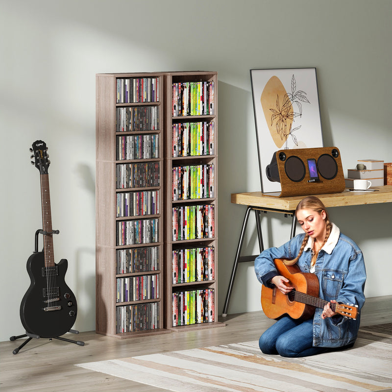 Narrow Wooden CD Storage Tower With Adjustable Shelves For Home Office Natural AOSOM