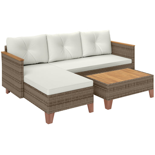 3 Piece Rattan Garden Sofa Set with Coffee Table and Cream Cushions