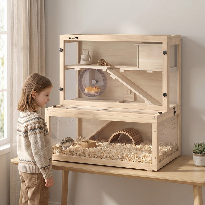 Hamster and Gerbil Cage with Easy Access Panels for Quick Cleaning Natural Wood