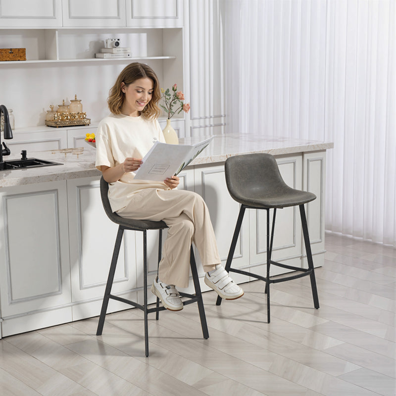 Set of 2 PU Leather Bar Stools with Backrest and Footrest for Kitchen or Breakfast Bar Grey