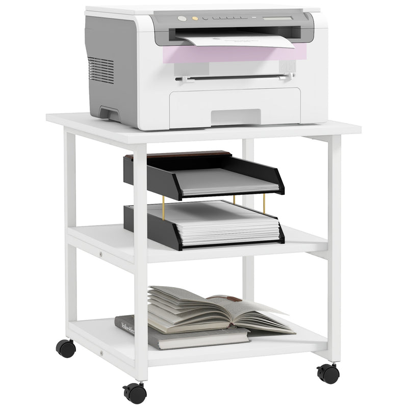 Three Tier Steel Printer Trolley with Lockable Wheels for Home Office Use, White