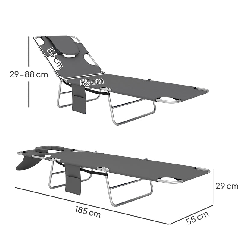 Dark Grey Folding Sun Loungers Set of 2 with Adjustable Backrest and Pillow for Garden or Beach