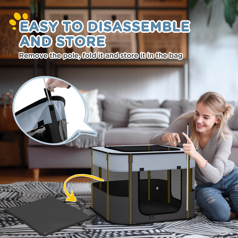 Foldable Dog Playpen with Ground Stakes and Storage Bag for Indoor and Outdoor Use Grey