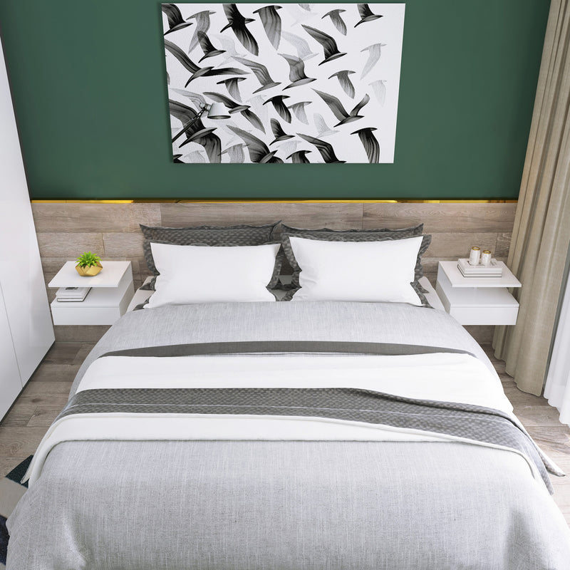 Set of 2 Wall Mounted Bedside Tables with Storage Shelf for Bedroom Space Saving, White