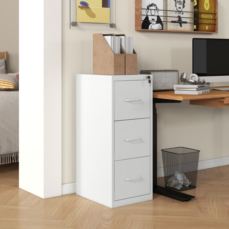 Three Drawer Steel Filing Cabinet with Lockable Storage for Home Office, Cream