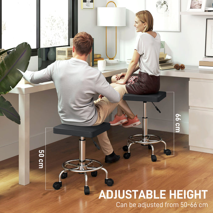 Black Adjustable PU Leather Rolling Stool with Wheels by HOMCOM