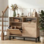 Shoe Storage Cabinet for Narrow Hallways with Flip Drawers and Open Shelves Walnut Brown AOSOM