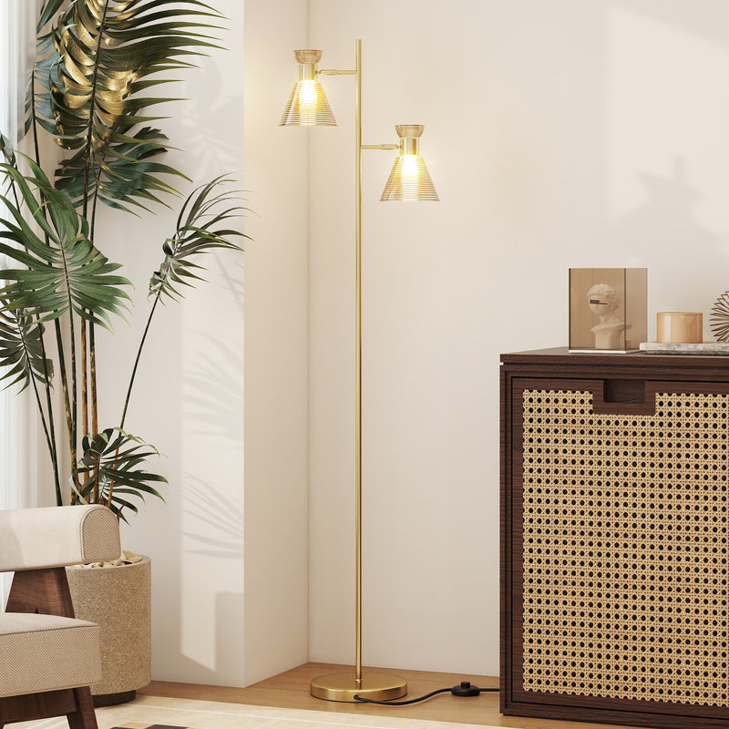 Modern Floor Lamp with Adjustable Dual Heads and Floral Glass Shades for Living Room Gold