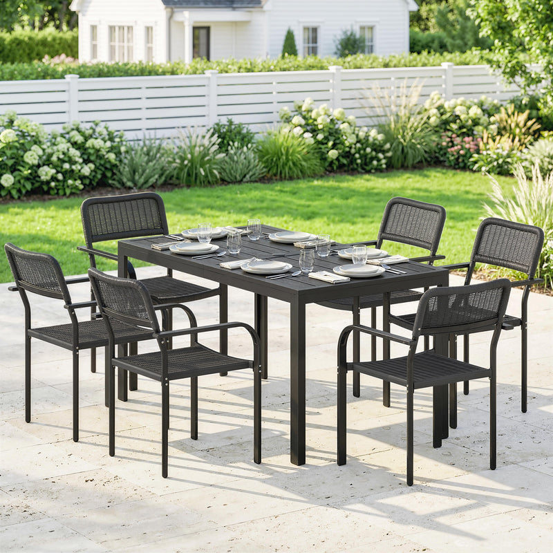 6 Seater Garden Dining Set with Stackable Chairs and Rectangular Table for Garden or Patio, Black Outsunny