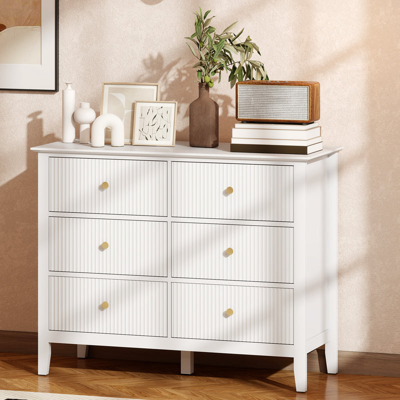 White 6 Drawer Chest of Drawers With Fluted Drawer Fronts and Gold Knobs - 100x40x78cm Homcom
