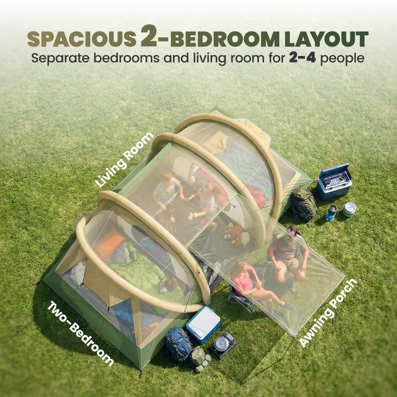 Inflatable Family Tent with Two Bedrooms and Quick 5 Minute Setup for Camping Green Brown
