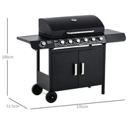 6 Burner Gas BBQ Grill with Side Burner - Thermometer and Storage Shelf for Outdoor Cooking Grey Outsunny