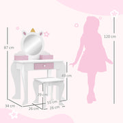 Kids Unicorn Dressing Table Set With Mirror And Stool Ideal For Bedroom Play White