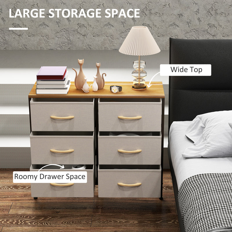 Cream White Fabric Chest of Drawers with 6 Storage Drawers and Wooden Top by HOMCOM