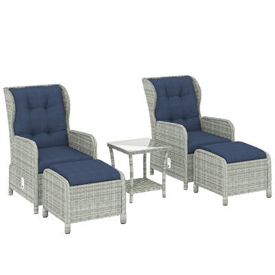 Deluxe Rattan Garden Bistro Set for 2 with Reclining Chairs Footstools and Table, Grey Outsunny