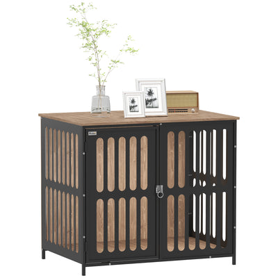 Walnut brown anti-chew dog crate end table with escape-proof door, front view