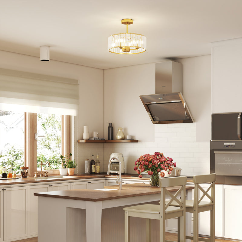 Modern Semi Flush Crystal Ceiling Light With 3 E14 Bulbs For Living Room, Gold Tone