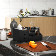 Black Bamboo Desk Organiser with 7 Compartments and 2 Drawers for Home Office by HOMCOM