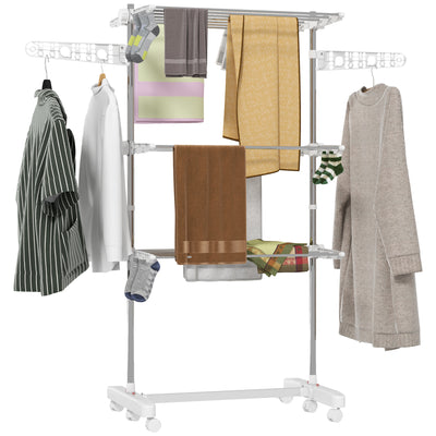 3 Tier Foldable Clothes Airer With Wheels Stainless Steel Drying Rack For Indoor Use, White