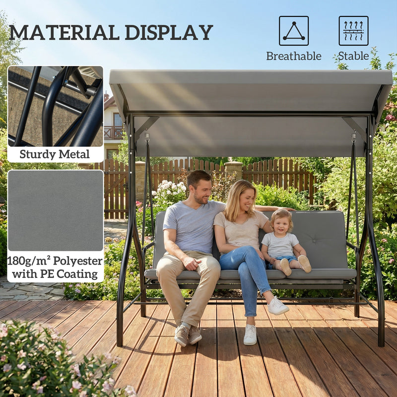 3 Seater Garden Swing Seat with Adjustable Canopy and Fold Flat Bed for Outdoor Relaxing Light Grey Outsunny