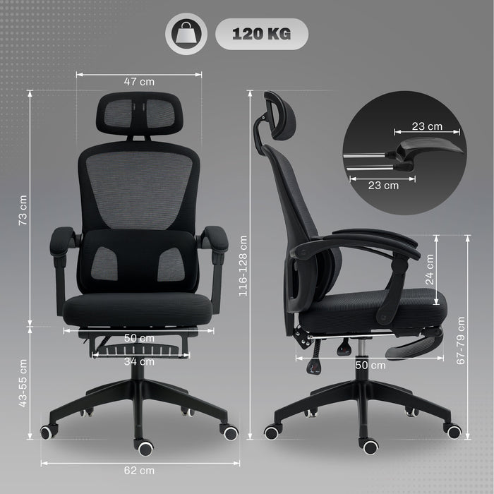 Black Ergonomic Mesh Office Chair with Adjustable Lumbar Support and Footrest by HOMCOM