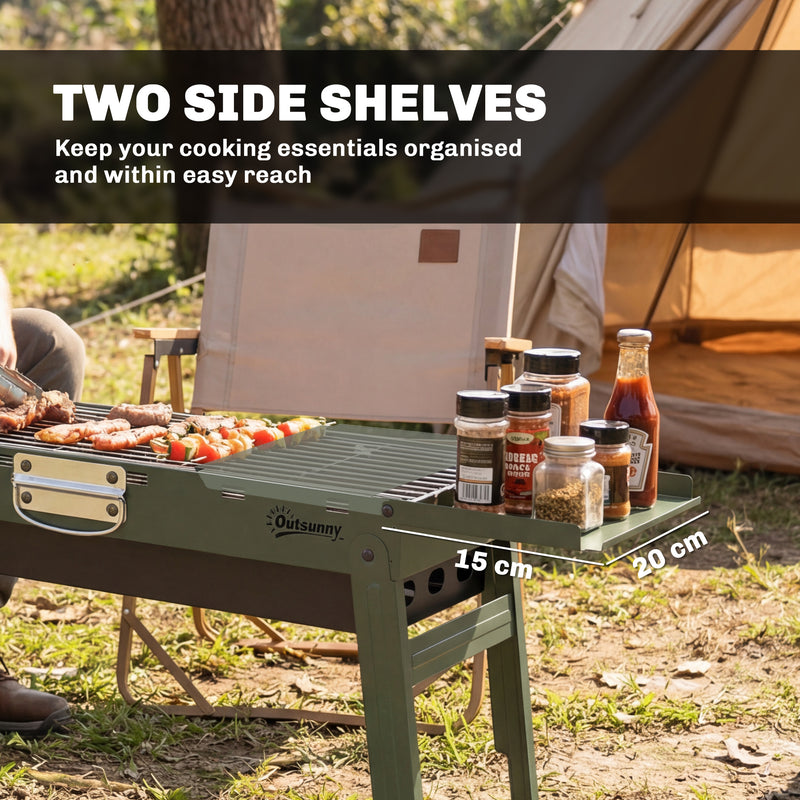 Portable Folding Charcoal Barbecue with Side Shelves for Easy Outdoor Grilling Green Outsunny