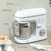 White 1400W Stand Mixer 5L with 6 Speeds Dough Hook Whisk and Splash Guard by HOMCOM