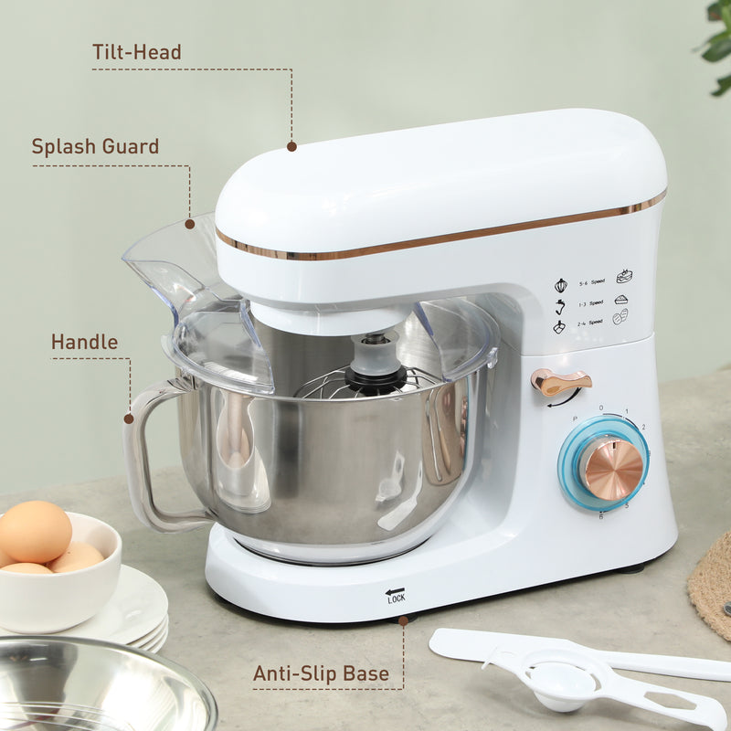 White 1400W Stand Mixer 5L with 6 Speeds Dough Hook Whisk and Splash Guard by HOMCOM