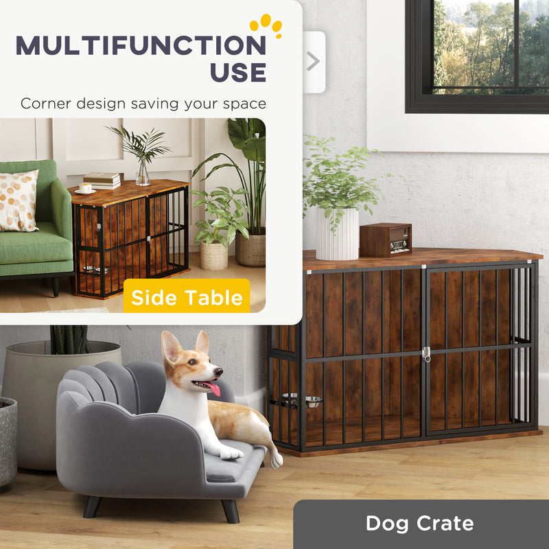 Rustic Brown Corner Dog Crate Furniture with Bowls and Lockable Doors for Small Medium Dogs by PawHut