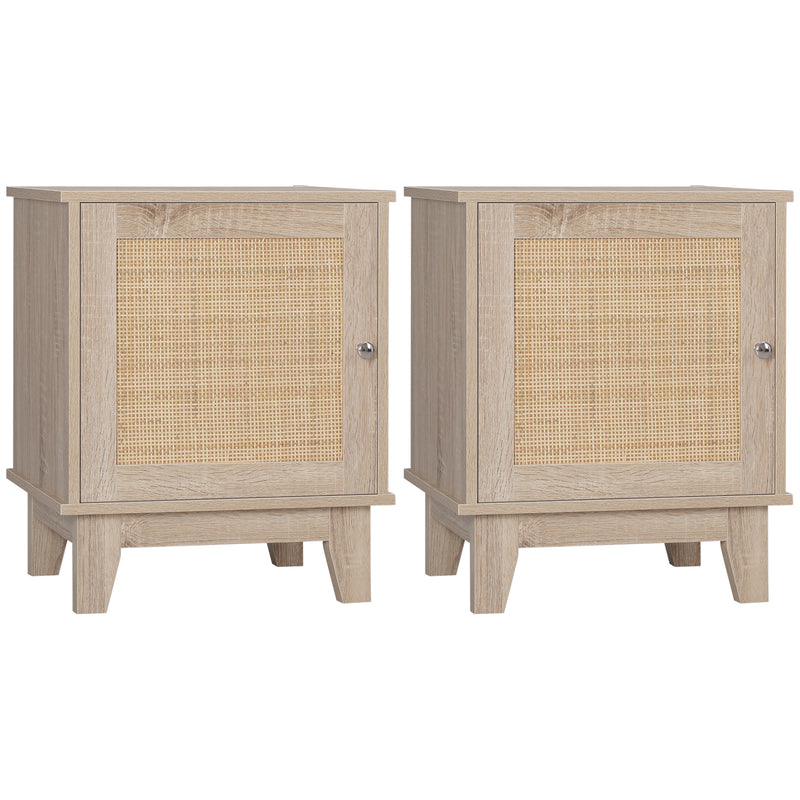 Set of 2 Bedside Tables with Storage Cupboards and Rattan Panels for Bedroom Natural AOSOM