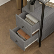 Narrow Grey Wood Bedside Table with 2 Drawers and Shelf for Small Spaces