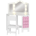 Kids Vanity Table and Stool Set with LED Lights and Folding Mirror for Bedroom White AOSOM