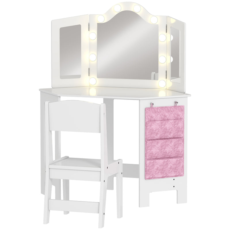 Kids Vanity Table and Stool Set with LED Lights and Folding Mirror for Bedroom White