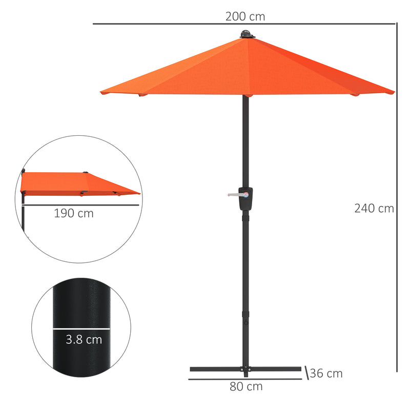 Orange 2m Half Parasol Garden Umbrella with Crank Handle and Cross Base by Outsunny