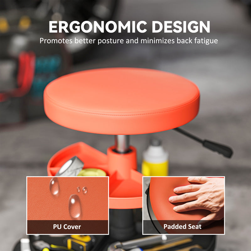 Mechanic Rolling Stool with Height Adjustment and Tool Trays for Garage and Workshop Yellow AOSOM