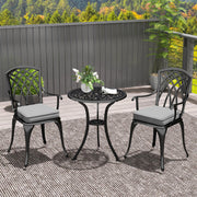 3 Piece Cast Aluminium Garden Bistro Set with Cushions and Parasol Hole Black by Outsunny